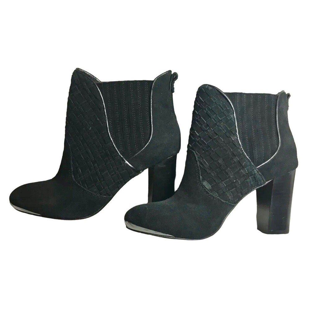 Elliot Lucca Dina Black Suede Woven Leather High Heel Ankle Boots Booties US 6.5